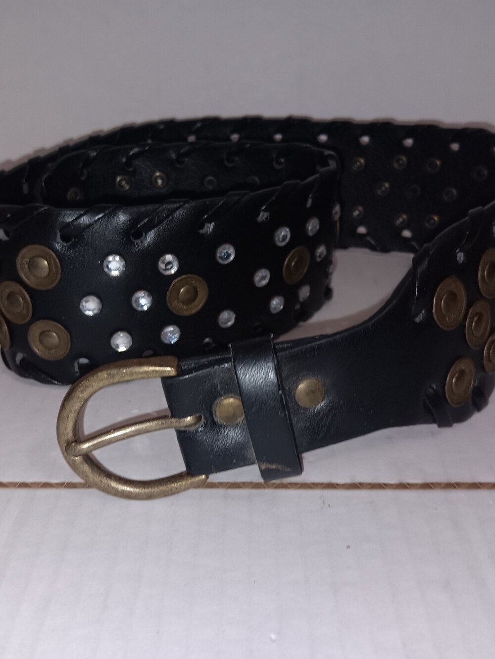 Studded Rhinestones Women's Black Woven Faux Leather Belt